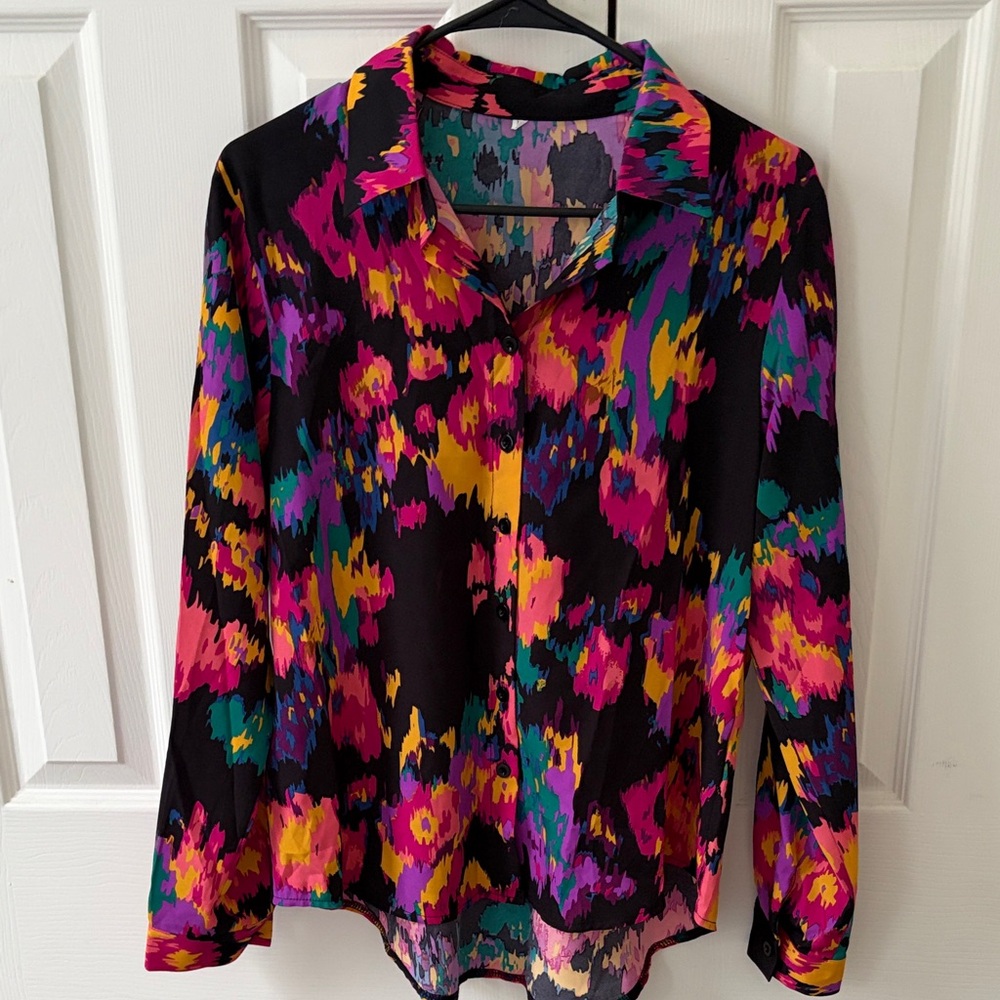 SHEIN Vibrant Abstract Blouse - Black, Pink, Yellow